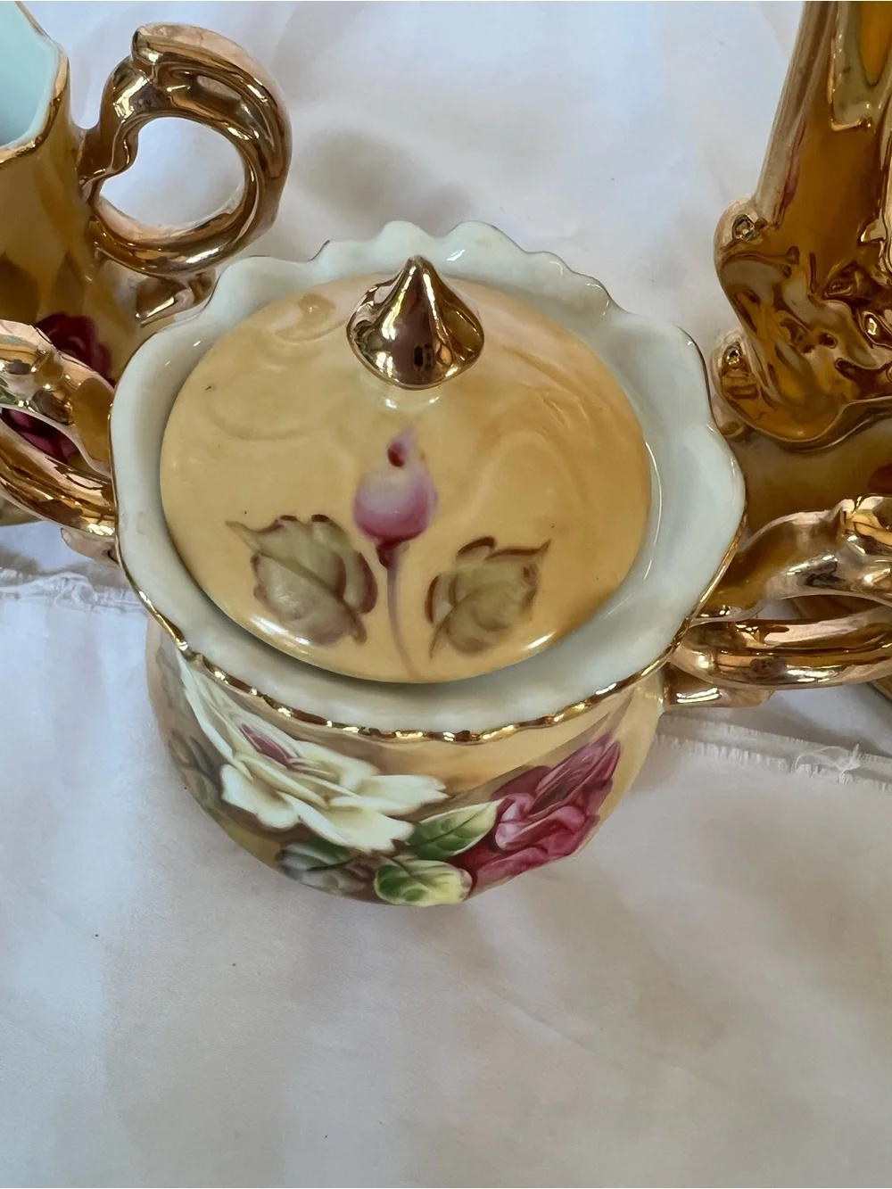 Lefton Gold Floral Porcelain Creamer and Sugar Set